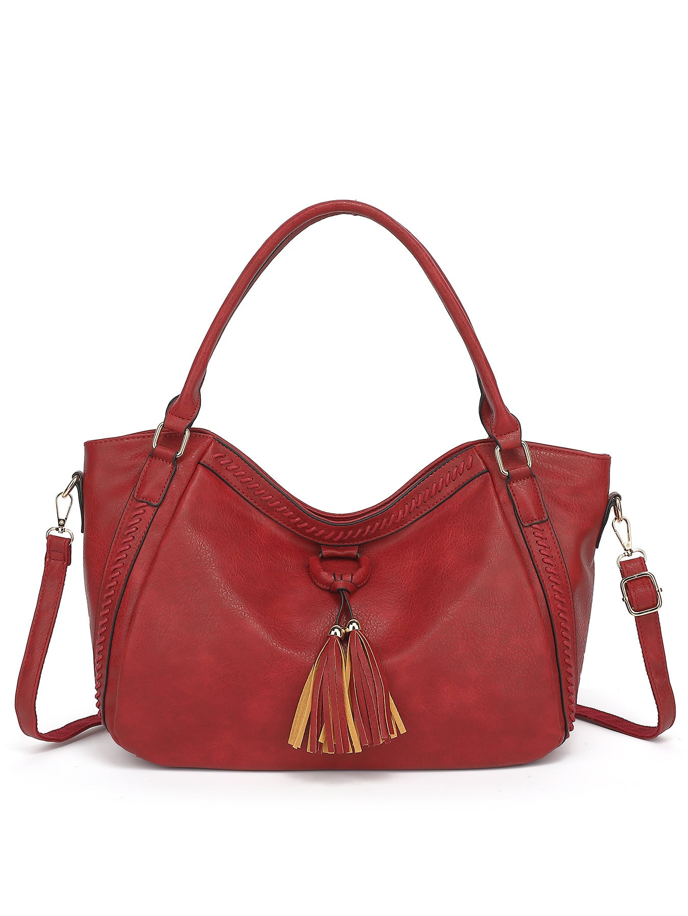 Red handbag with gold accents on a white background