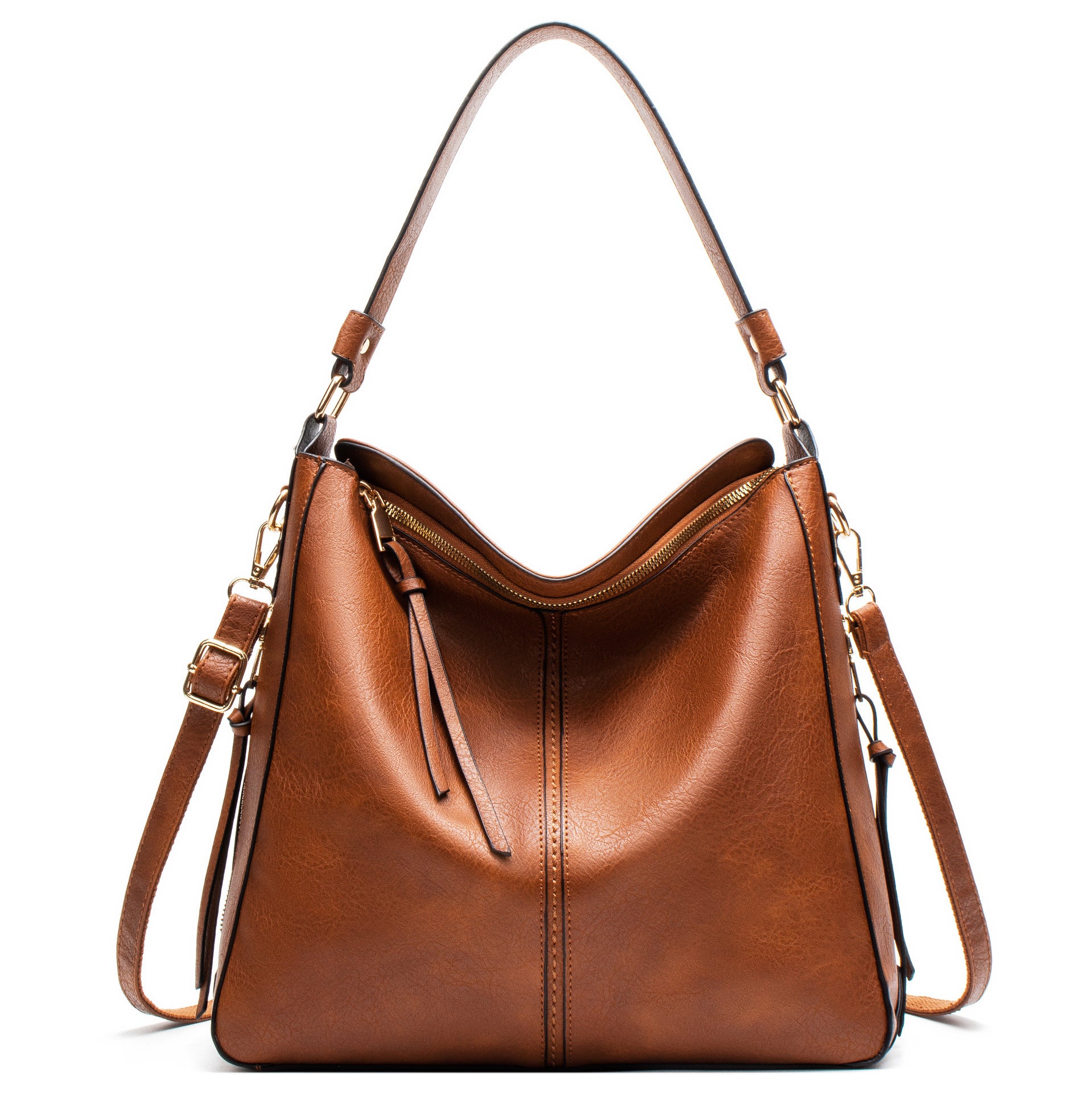 Brown leather handbag with gold accents on a white background