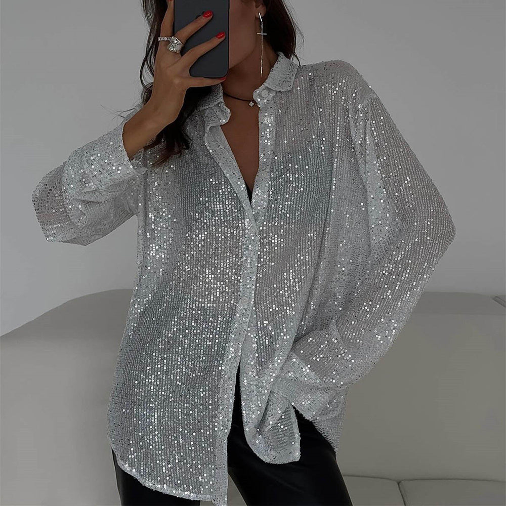 Elegant Women's Sequin Shirt front view with glitter details