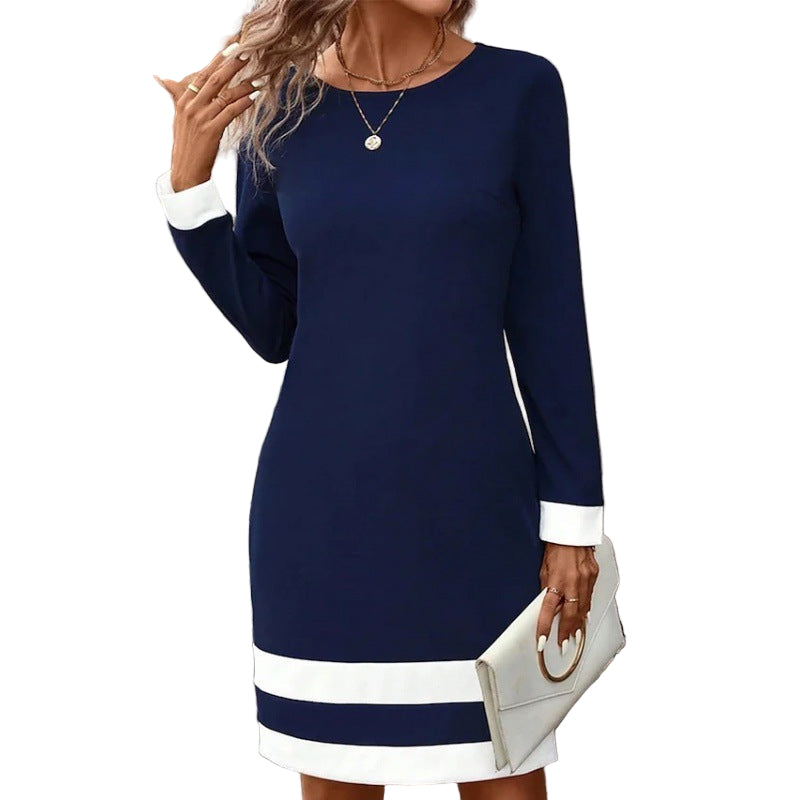 Navy blue dress with white trim worn Zarahut