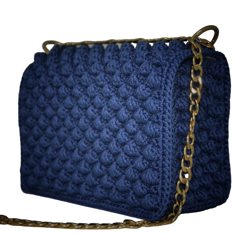 Zarahut Women Handmade Blue Crochet Clutch Bag Shoulder Purse with Gold Chain