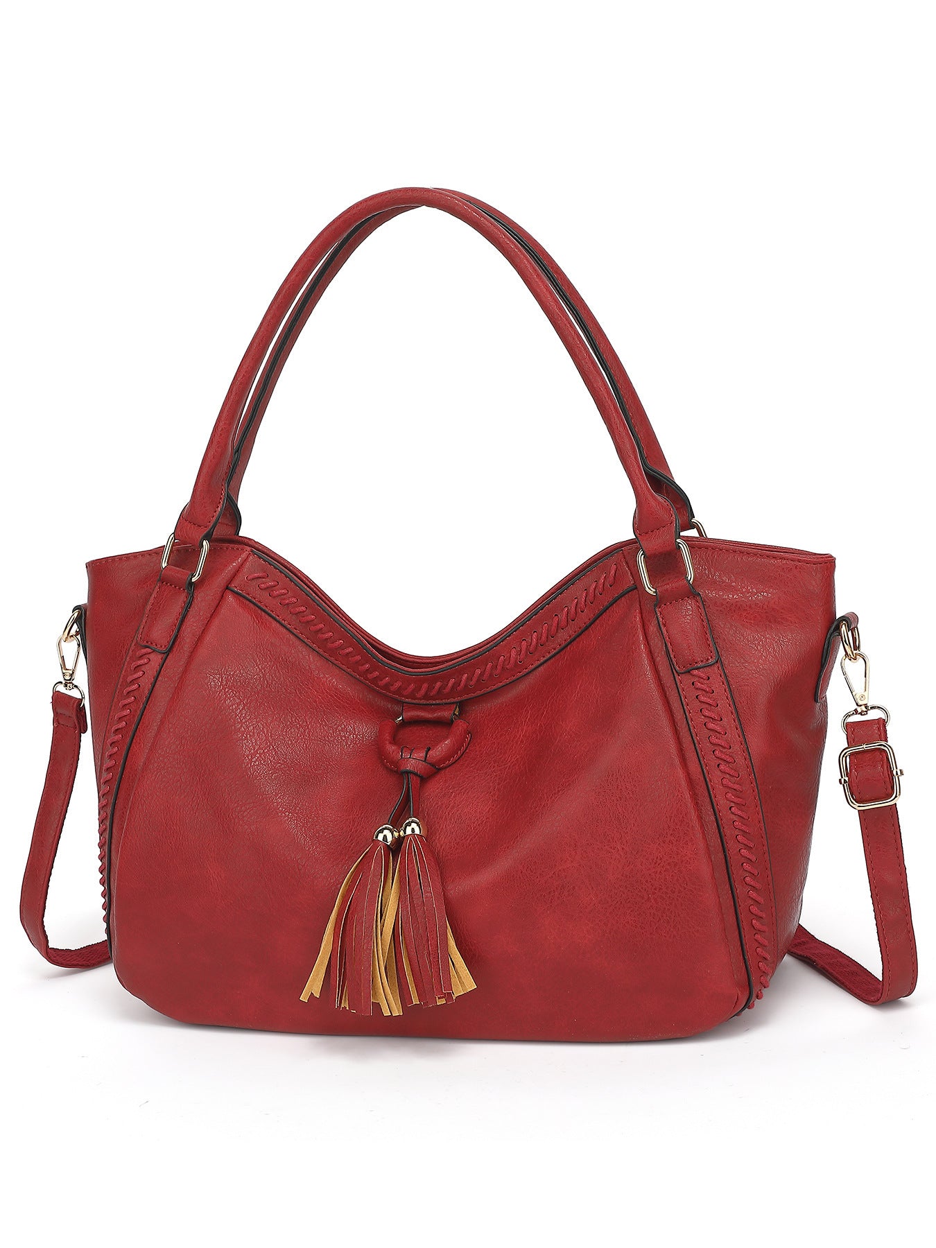 Red handbag with tassels on a white background