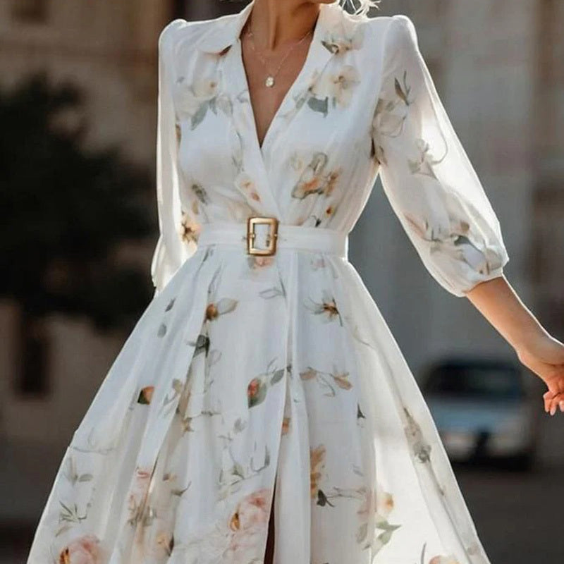 White floral dress with a belt buckle