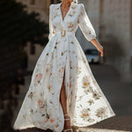 Women's Elegant V-Neck Floral Print Maxi Dress