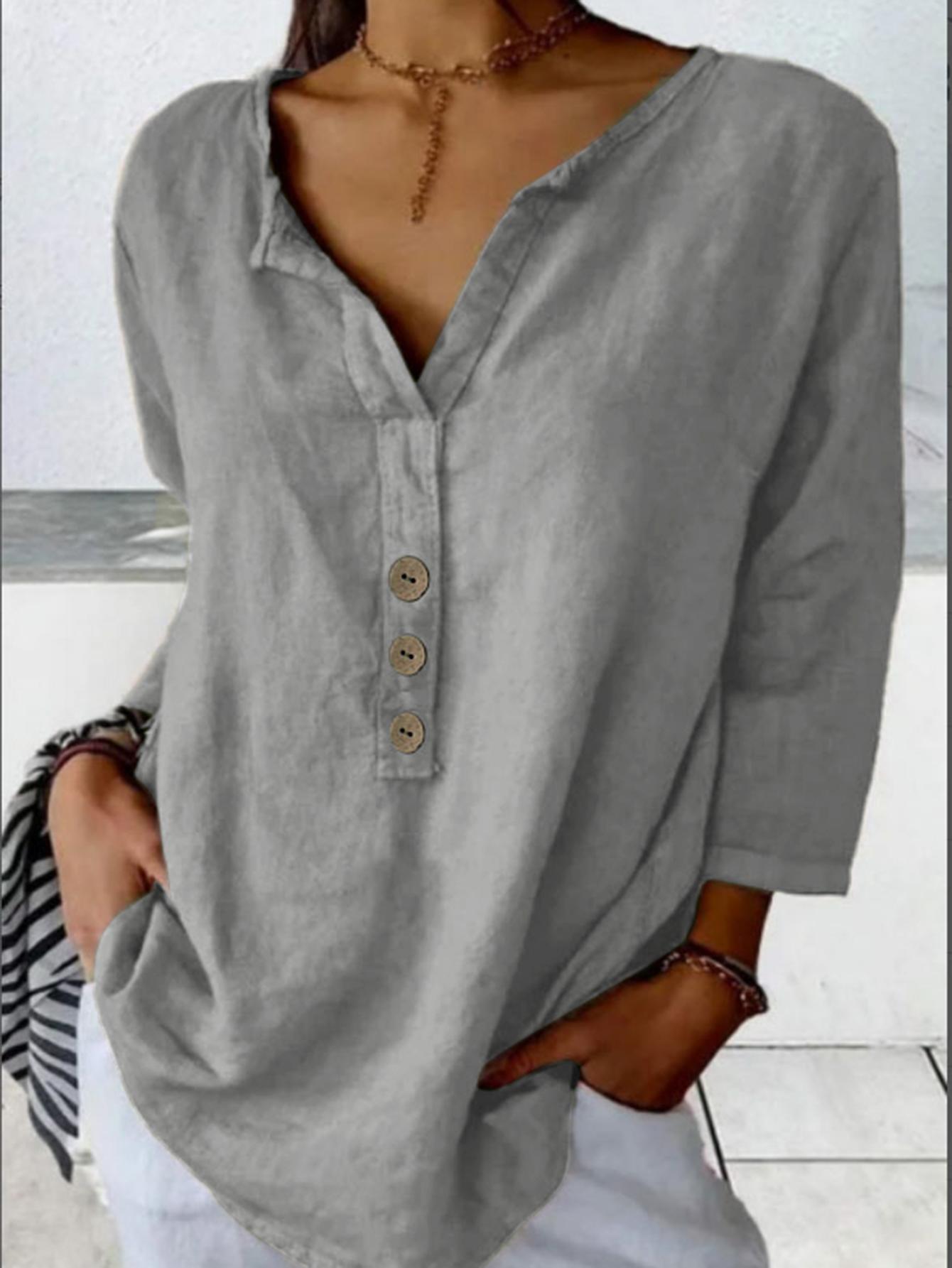 Solid Color Notched Collar Button-down Shirt Zarahut